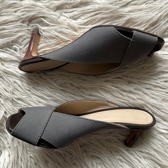 Theory V Mule Grey Cotton Canvas Leather Square Peep Toe Heeled Pump EUC Size 39 - Picture 5 of 12